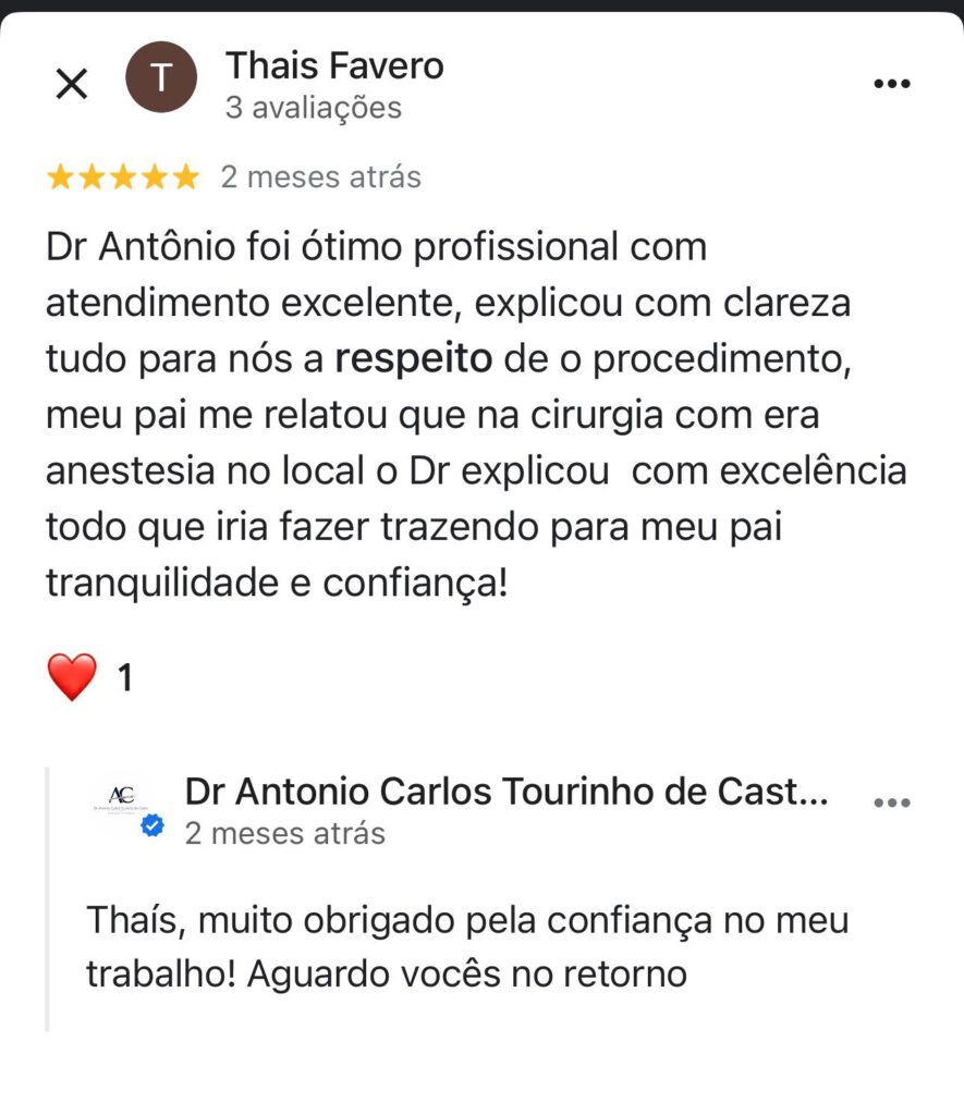 Avaliação 5 estrelas no google para o Dr Antonio Carlos