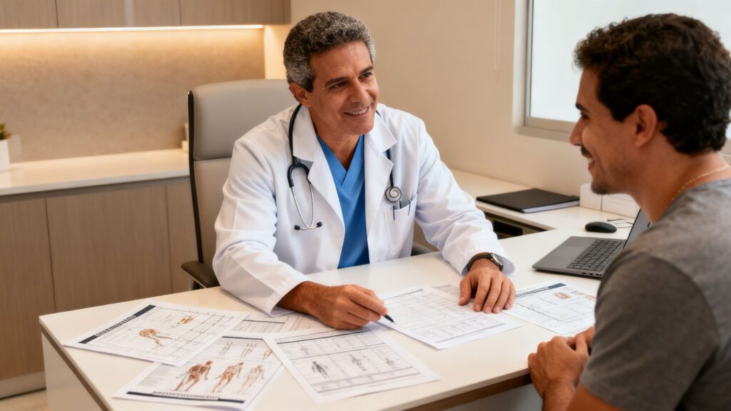 Médico numa consulta dando uma segunda opinião em oncologia