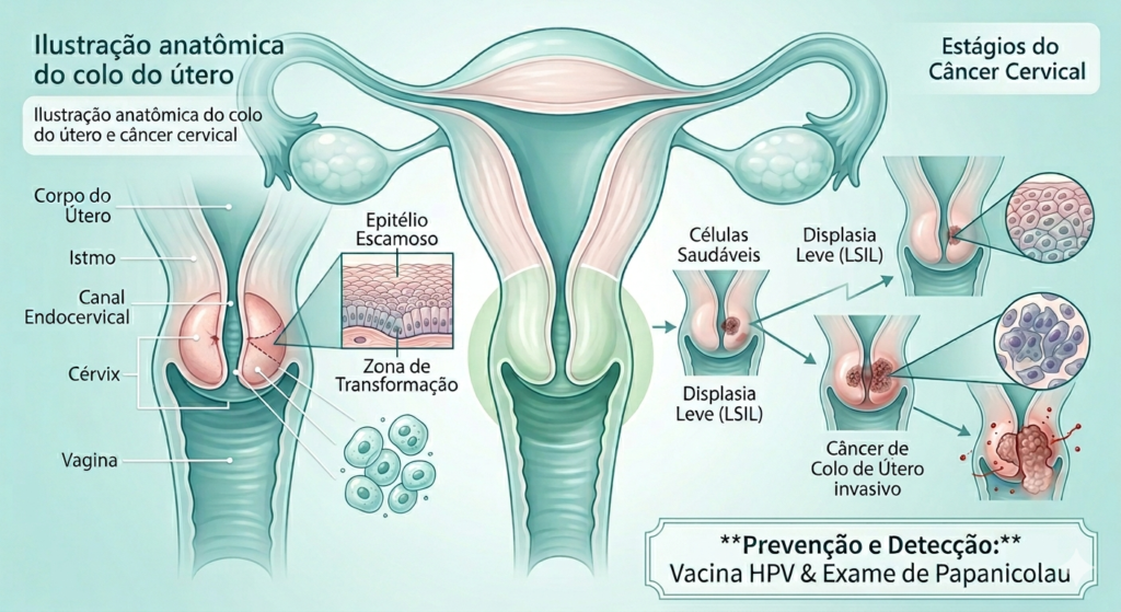 Ilustração anatômica do colo do útero e câncer cervical