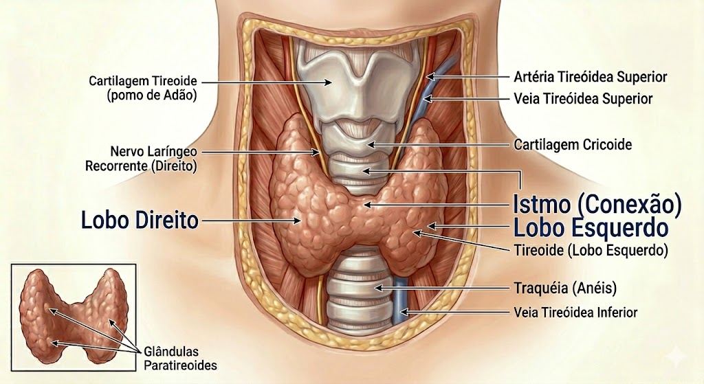 "Anatomia da glândula tireoide com lobos e istmo — câncer de tireoide diagnóstico"