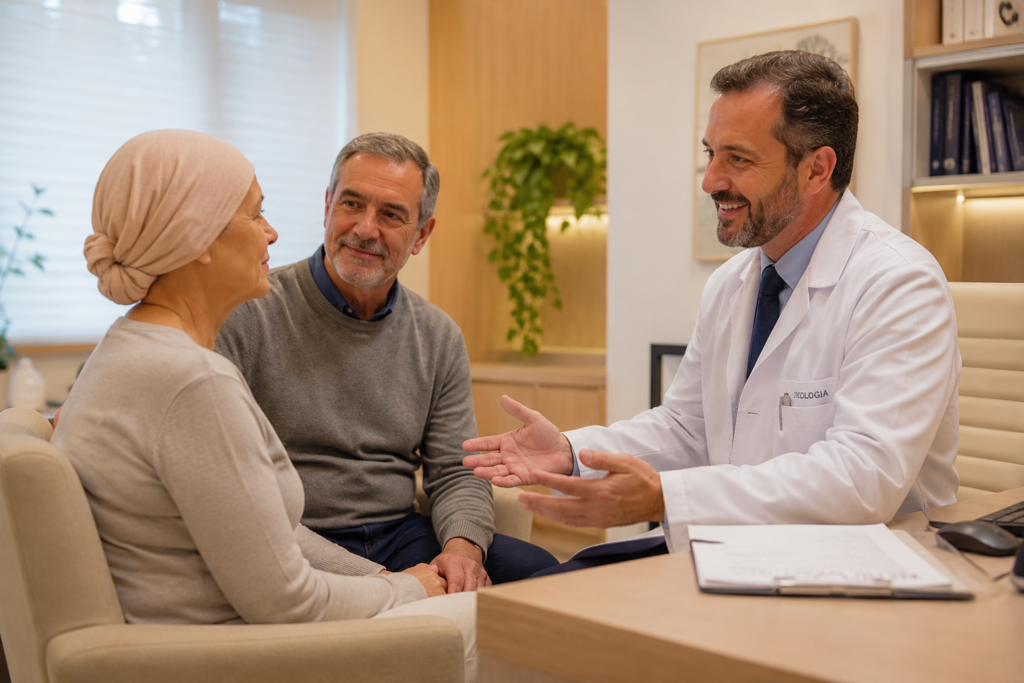 médico conversando com paciente e familiar em ambiente de consulta humanizada