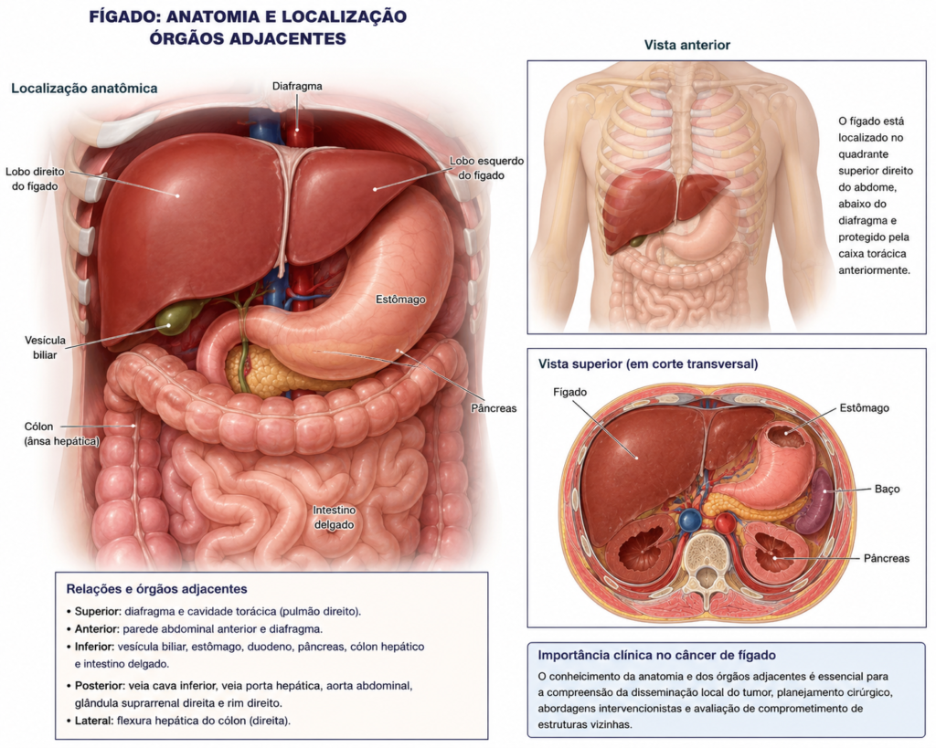 Fígado: anatomia e localização com seus órgãos adjacentes