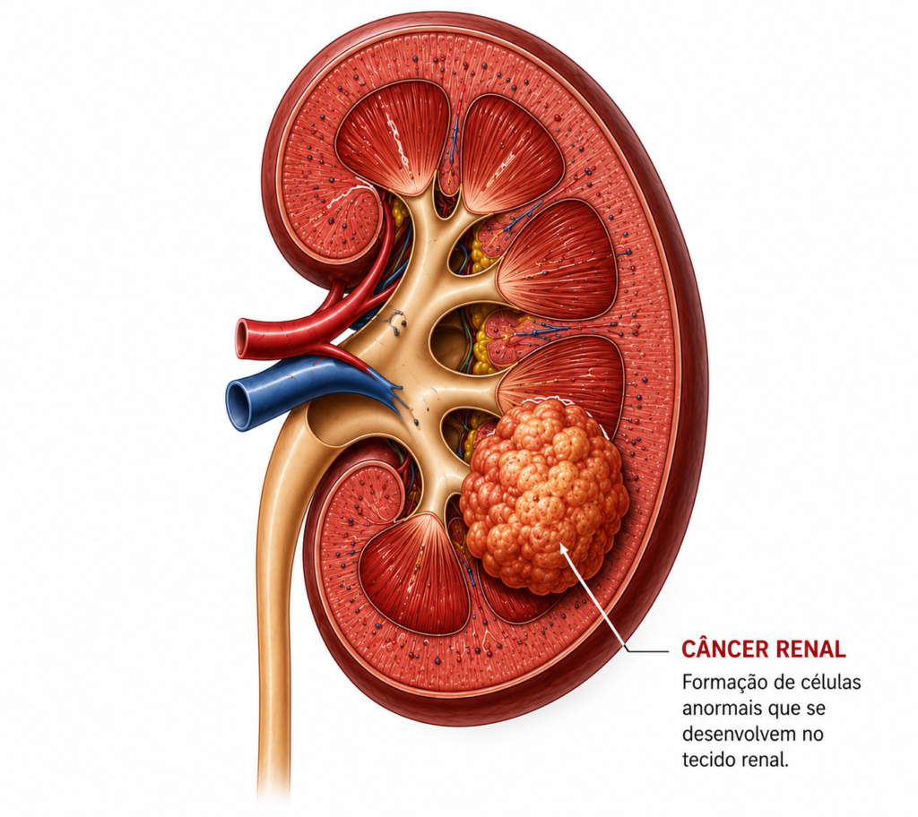 ilustração anatômica dos rins mostrando localização do câncer renal