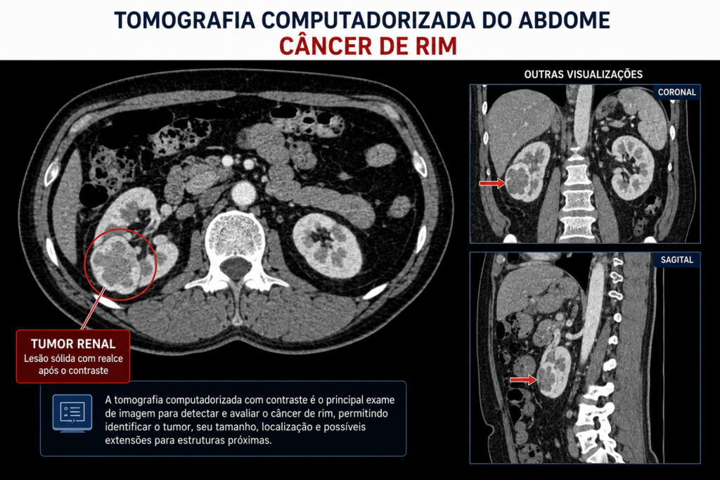 tomografia computadorizada mostrando tumor renal — diagnóstico por imagem do câncer de rim